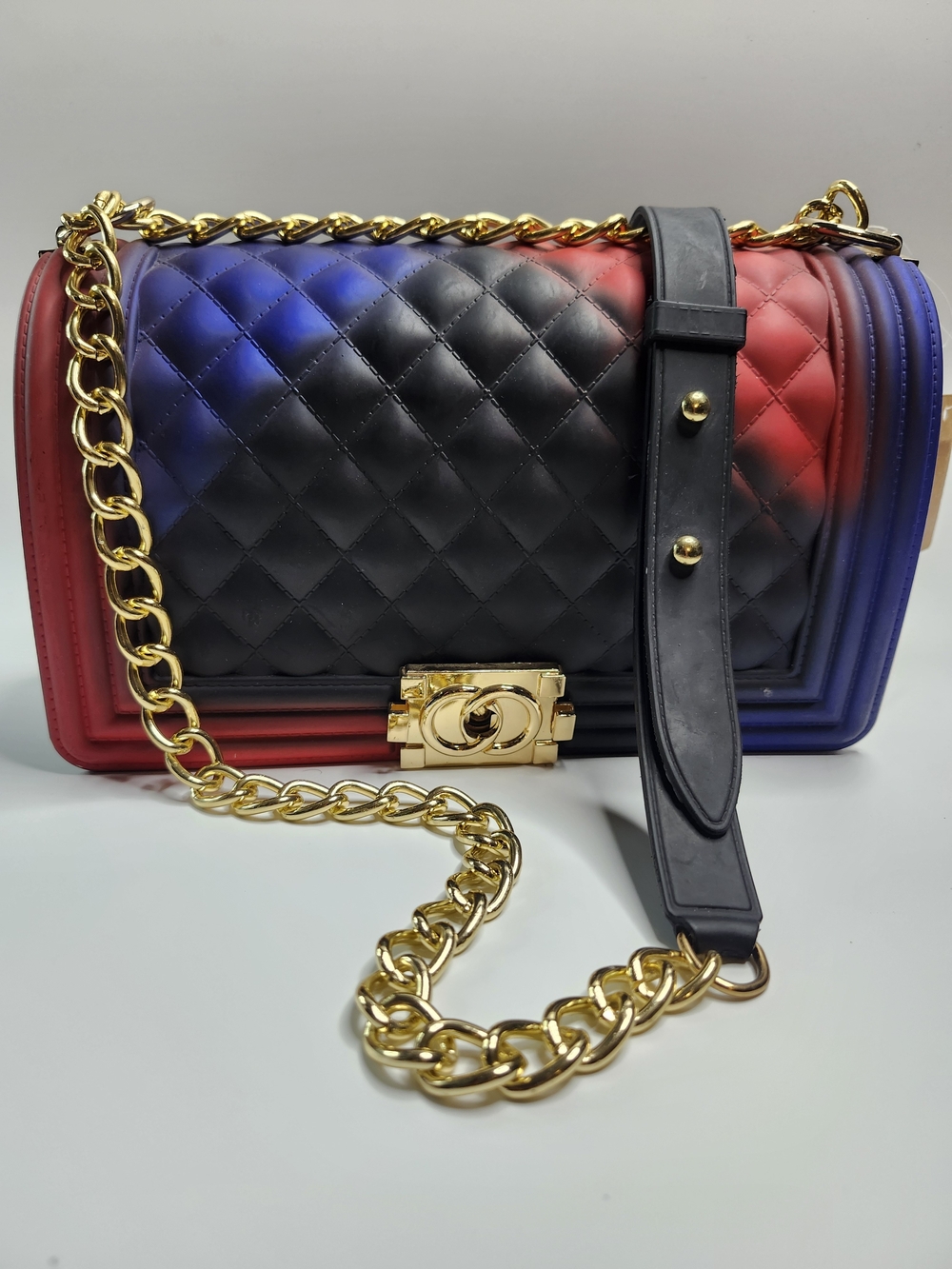 Quilted Gradient Shoulder Bag with Gold Chain - Black, Red, Blue